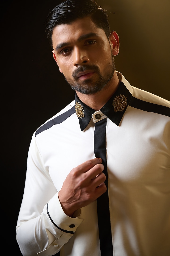 White Color-Blocked Party Wear Shirt by Ritu & Abhishek at Pernia's Pop Up Shop
