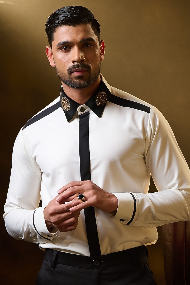White Color-Blocked Party Wear Shirt by Ritu & Abhishek at Pernia's Pop Up Shop