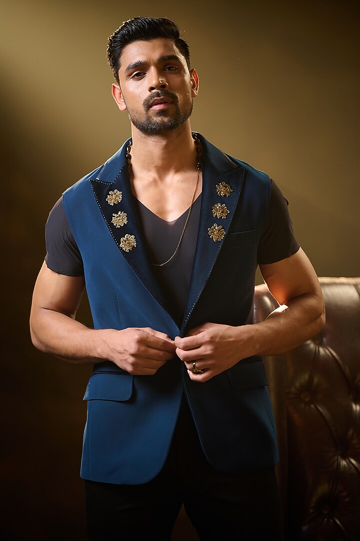 Teal Blue Crepe Suiting Gilet Jacket by Ritu & Abhishek at Pernia's Pop Up Shop