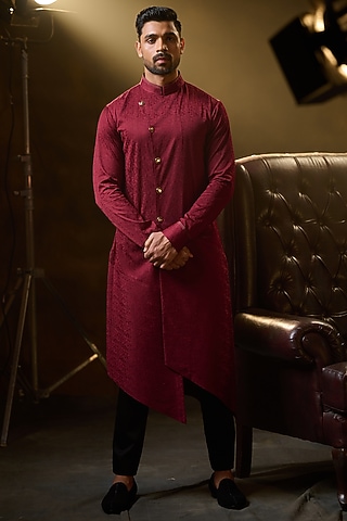 Cherry Crepe Suiting Asymmetric Kurta by Ritu & Abhishek