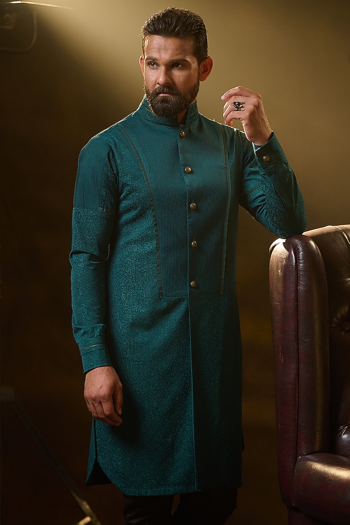 Bottle Green Crepe Suiting Kurta by Ritu & Abhishek at Pernia's Pop Up Shop
