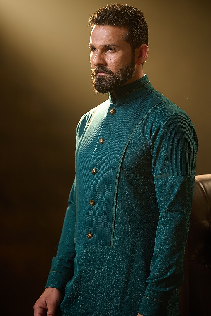 Bottle Green Crepe Suiting Kurta by Ritu & Abhishek at Pernia's Pop Up Shop