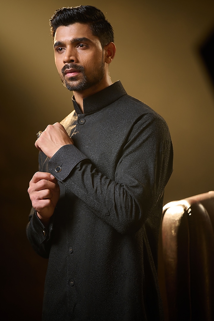 Black Crepe Suiting Kurta by Ritu & Abhishek at Pernia's Pop Up Shop
