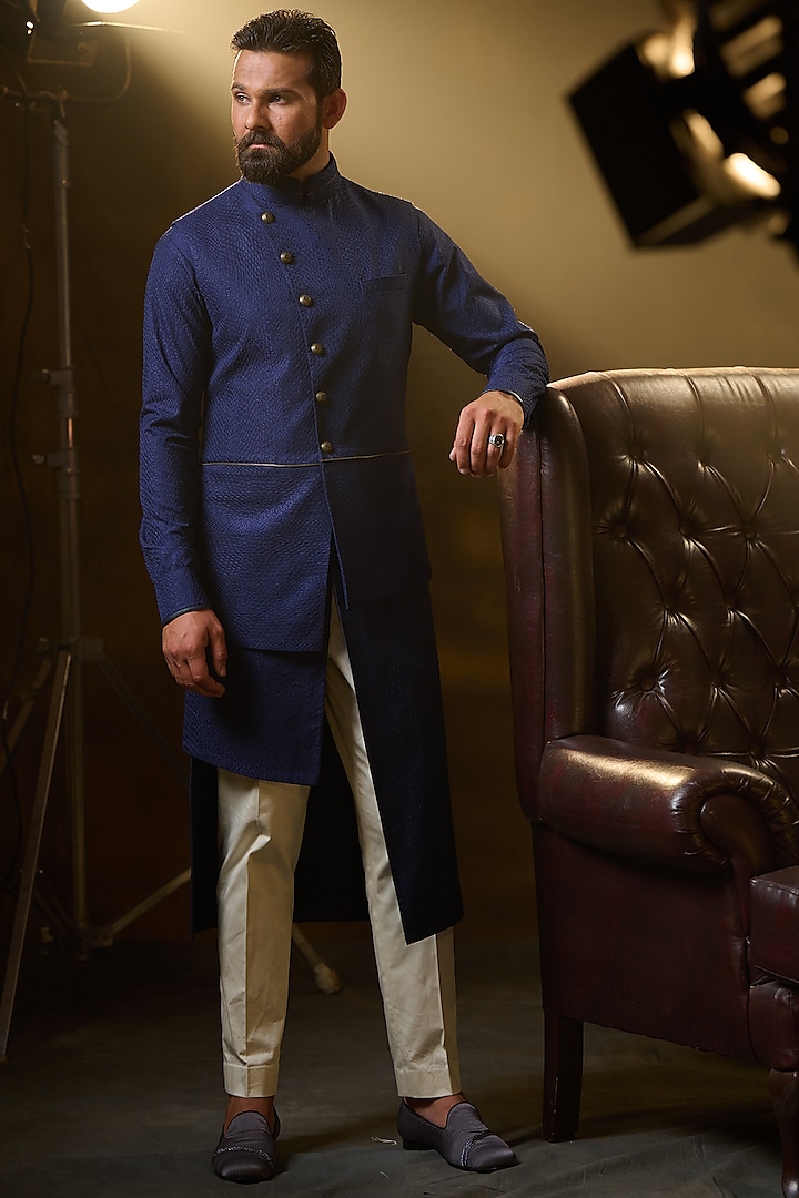 Bright Navy Blue Crepe Suiting Waistcoat by Ritu & Abhishek