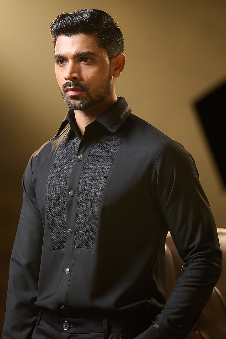 Black Suiting Party Wear Shirt by Ritu & Abhishek at Pernia's Pop Up Shop