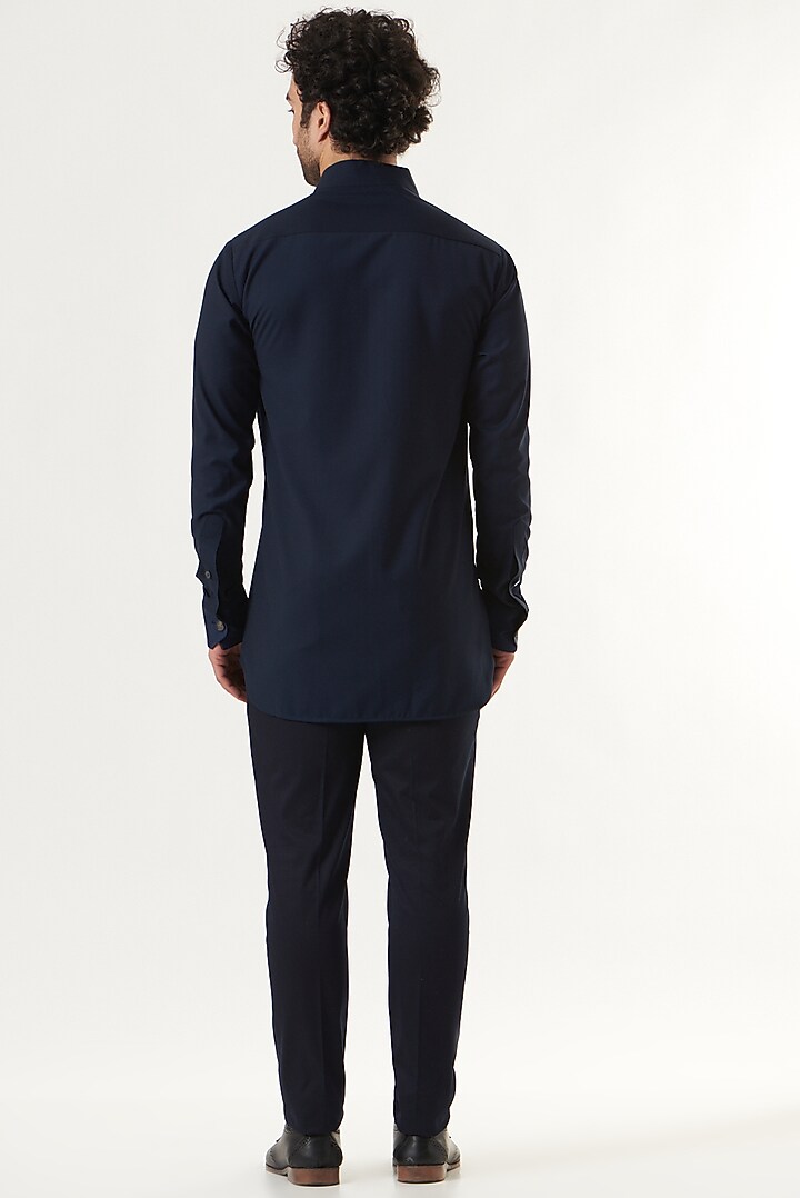 Navy Blue Embroidered Wedding Shirt by Ritu & Abhishek at Pernia's Pop Up Shop
