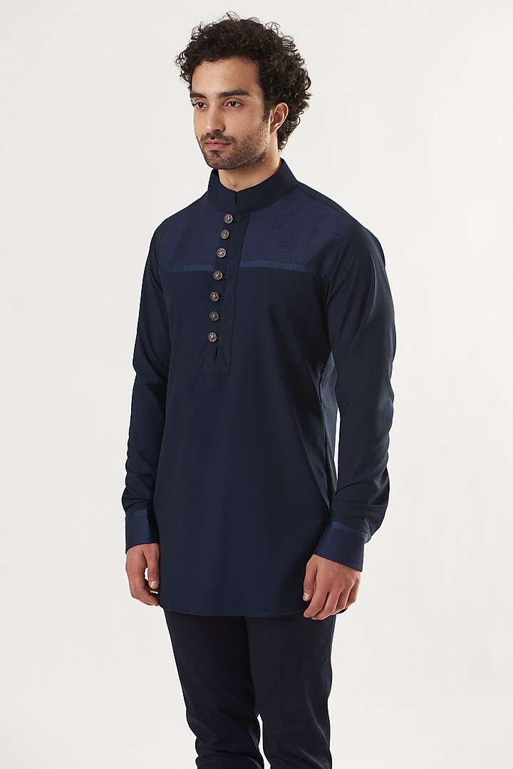 Navy Blue Embroidered Wedding Shirt by Ritu & Abhishek at Pernia's Pop Up Shop