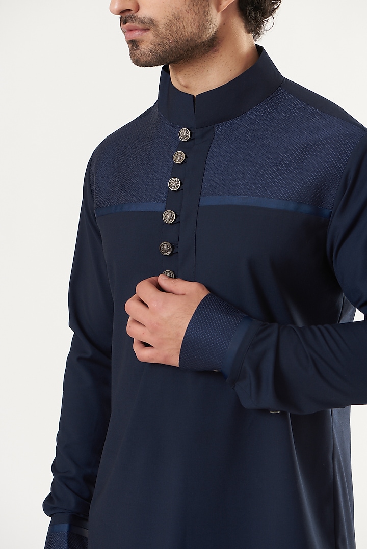 Navy Blue Embroidered Wedding Shirt by Ritu & Abhishek at Pernia's Pop Up Shop
