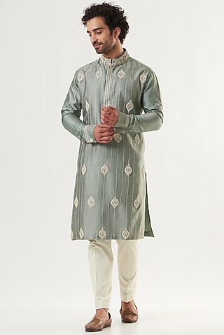Ash Blue Embroidered Kurta by Ritu & Abhishek