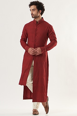 Red Embroidered Sherwani Set by Ritu & Abhishek