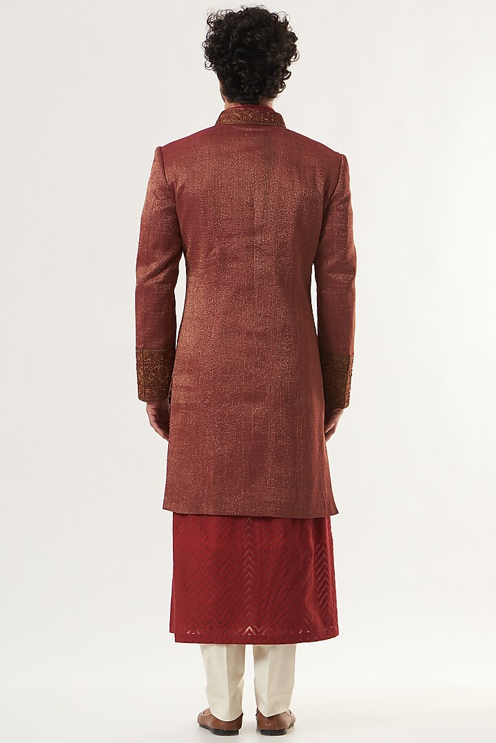 Red Embroidered Groom Sherwani Set by Ritu & Abhishek at Pernia's Pop Up Shop