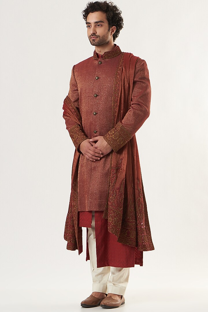 Red Embroidered Groom Sherwani Set by Ritu & Abhishek at Pernia's Pop Up Shop