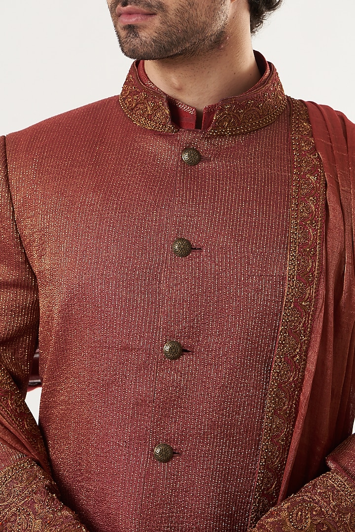 Red Embroidered Groom Sherwani Set by Ritu & Abhishek at Pernia's Pop Up Shop