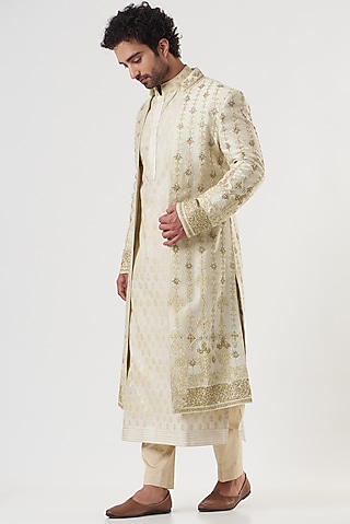 Cream Handloom Silk Zardosi Embroidered Sherwani Set by Ritu & Abhishek