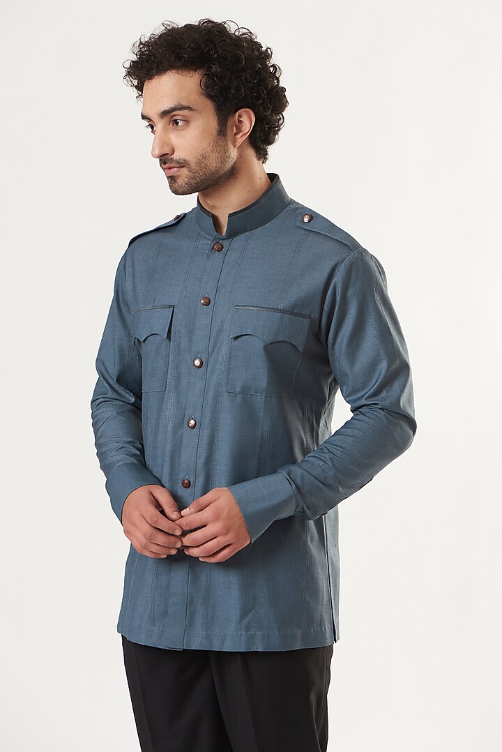 Powder Blue Embroidered Party Wear Shirt by Ritu & Abhishek at Pernia's Pop Up Shop