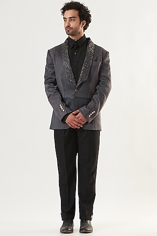 Charcoal Grey Embroidered Tuxedo by Ritu & Abhishek
