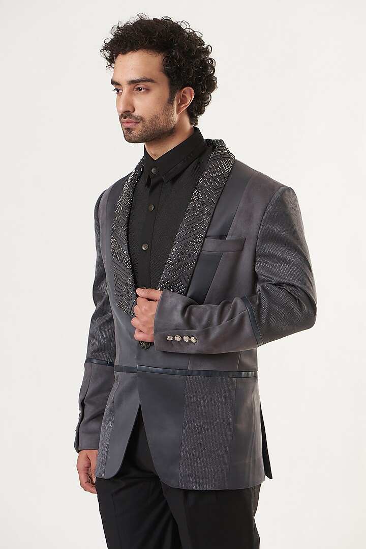 Charcoal Grey Embroidered Tuxedo by Ritu & Abhishek at Pernia's Pop Up Shop