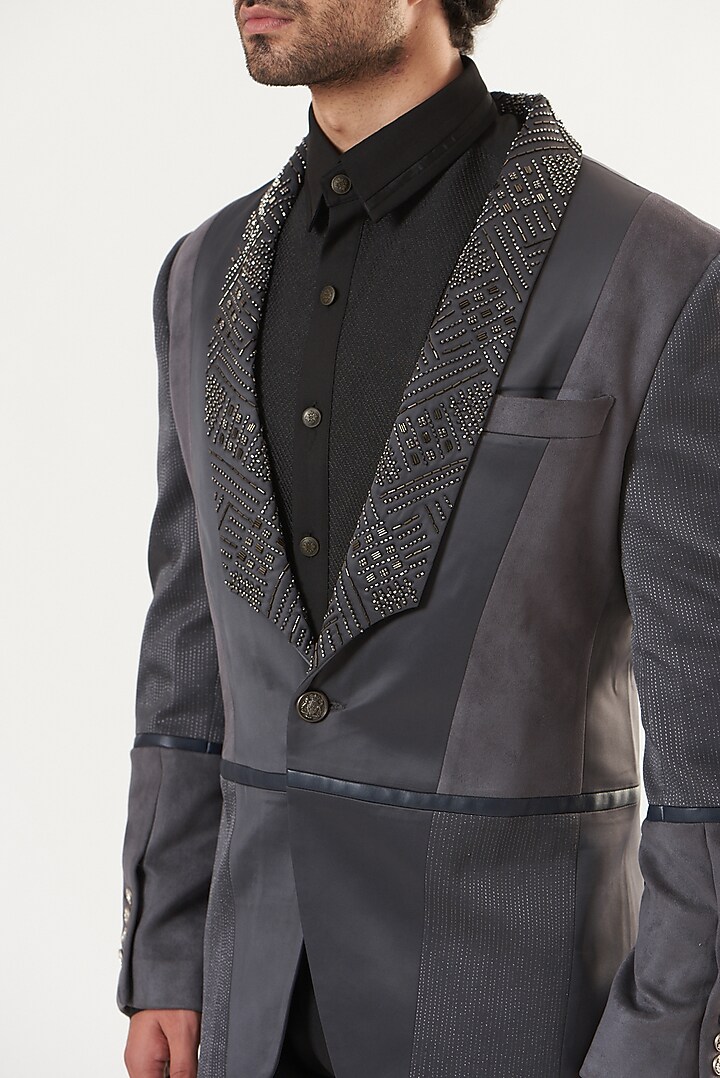 Charcoal Grey Embroidered Tuxedo by Ritu & Abhishek at Pernia's Pop Up Shop