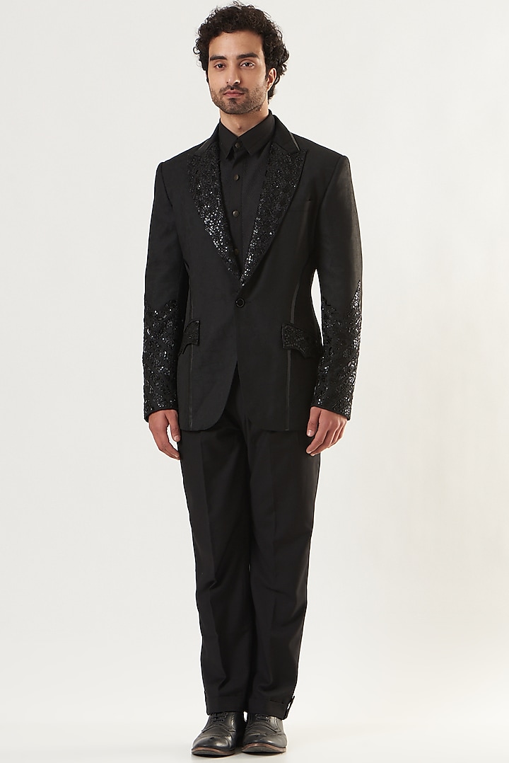 Black Jacquard Embellished Tuxedo by Ritu & Abhishek
