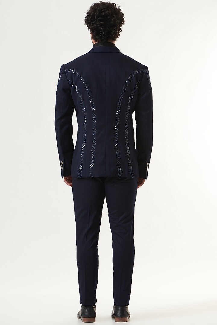 Navy Blue Embroidered Tuxedo by Ritu & Abhishek at Pernia's Pop Up Shop