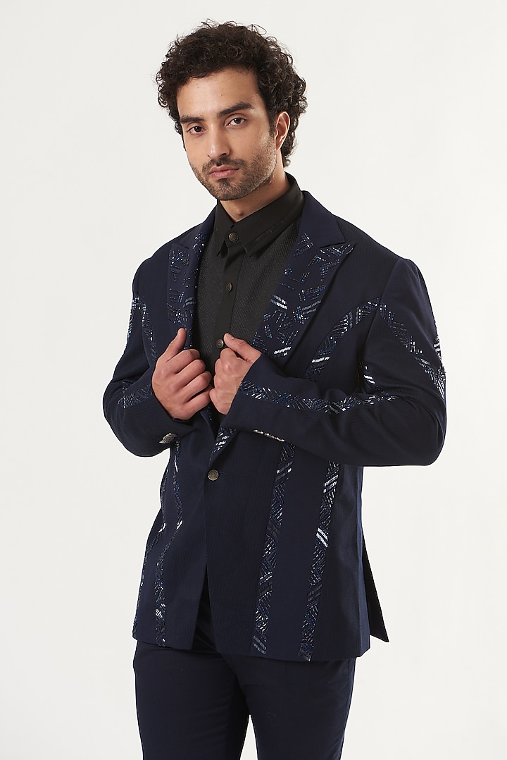 Navy Blue Embroidered Tuxedo by Ritu & Abhishek at Pernia's Pop Up Shop