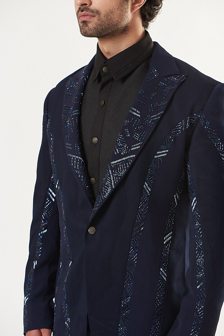 Navy Blue Embroidered Tuxedo by Ritu & Abhishek at Pernia's Pop Up Shop