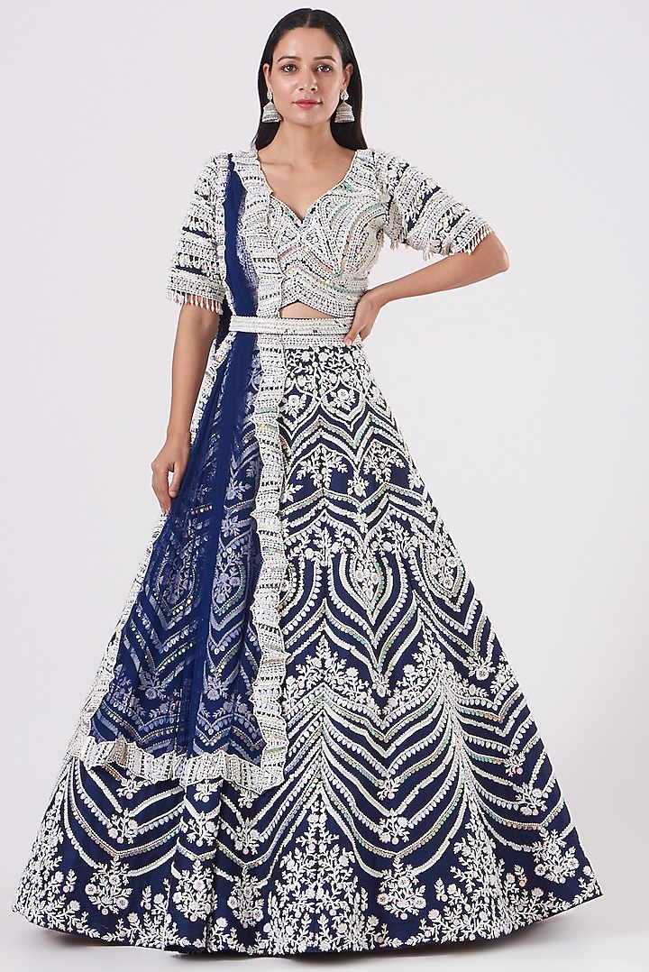 Navy Blue Embroidered Lehenga Set by Rianta's