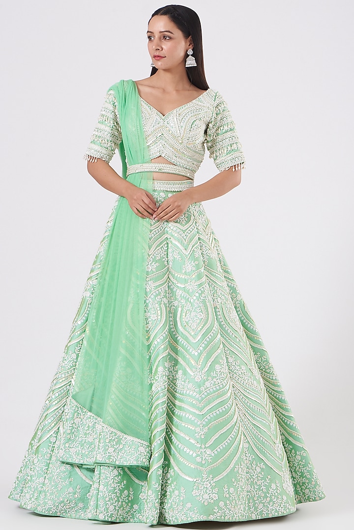 Mint Embroidered Wedding Lehenga Set by Rianta's at Pernia's Pop Up Shop
