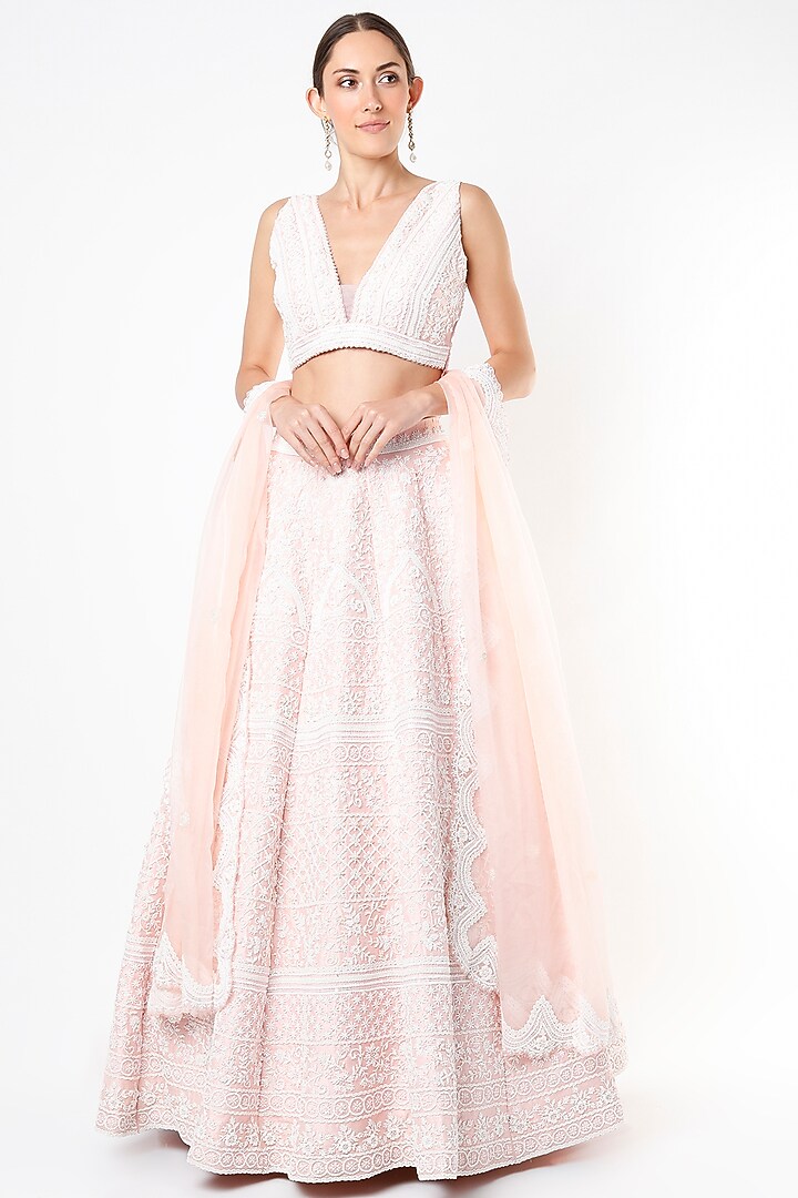 Blush Pink Embroidered Bridal Lehenga Set by Rianta's at Pernia's Pop Up Shop