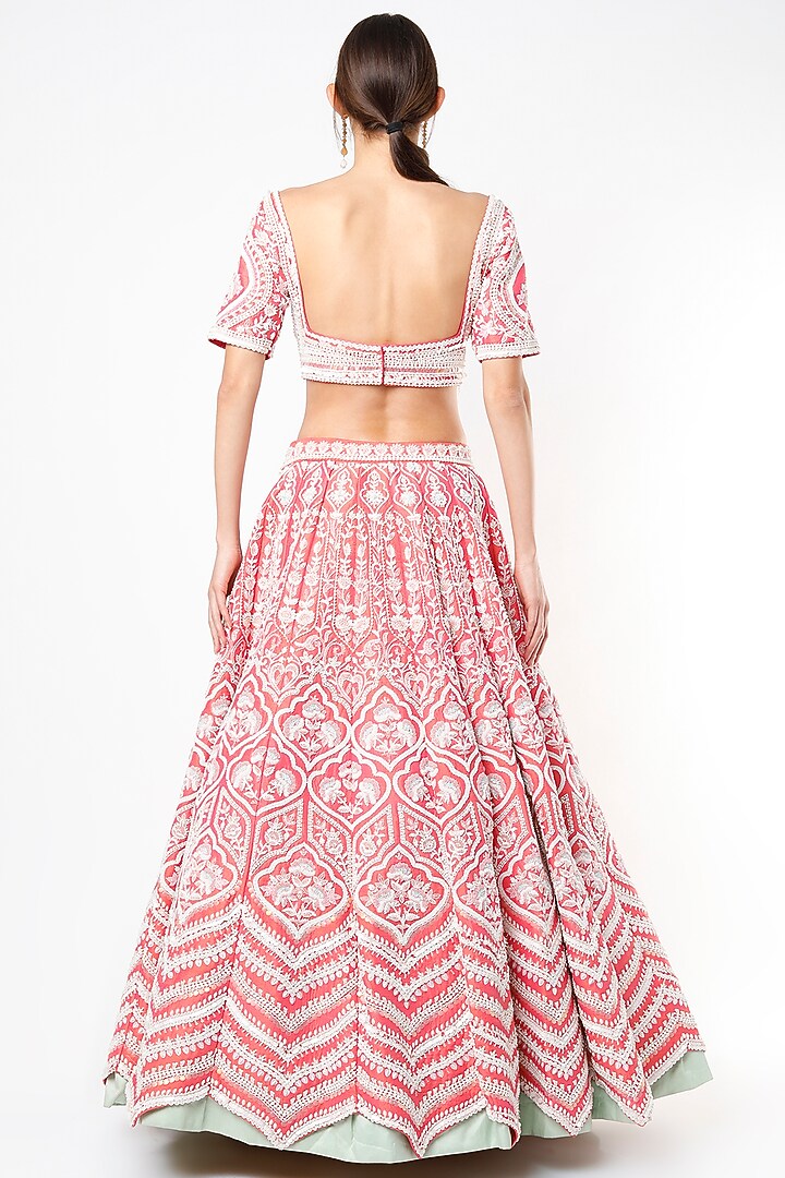 Coral Red Embroidered Bridal Lehenga Set by Rianta's at Pernia's Pop Up Shop