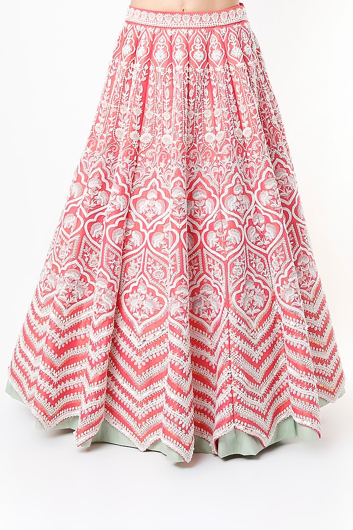 Coral Red Embroidered Bridal Lehenga Set by Rianta's at Pernia's Pop Up Shop