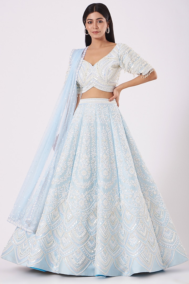 Ice Blue Embroidered Wedding Lehenga Set by Rianta's at Pernia's Pop Up Shop