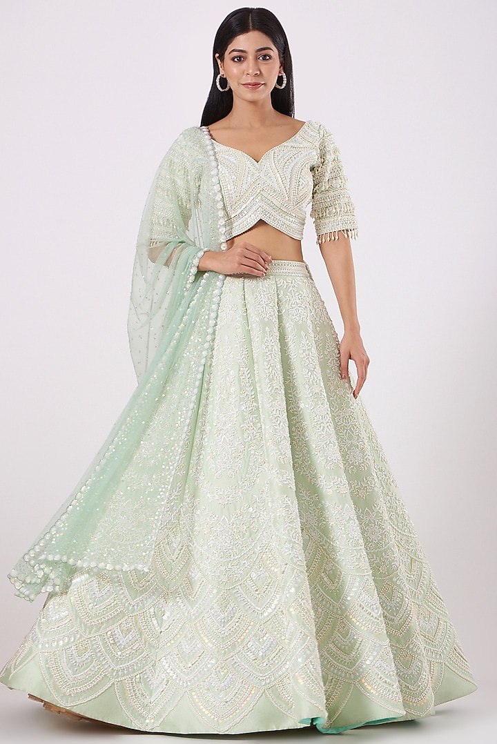 Pastel Mint Embroidered Wedding Lehenga Set by Rianta's at Pernia's Pop Up Shop