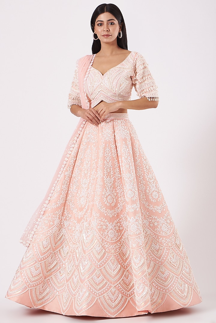 Pastel Peach Embroidered Wedding Lehenga Set by Rianta's at Pernia's Pop Up Shop
