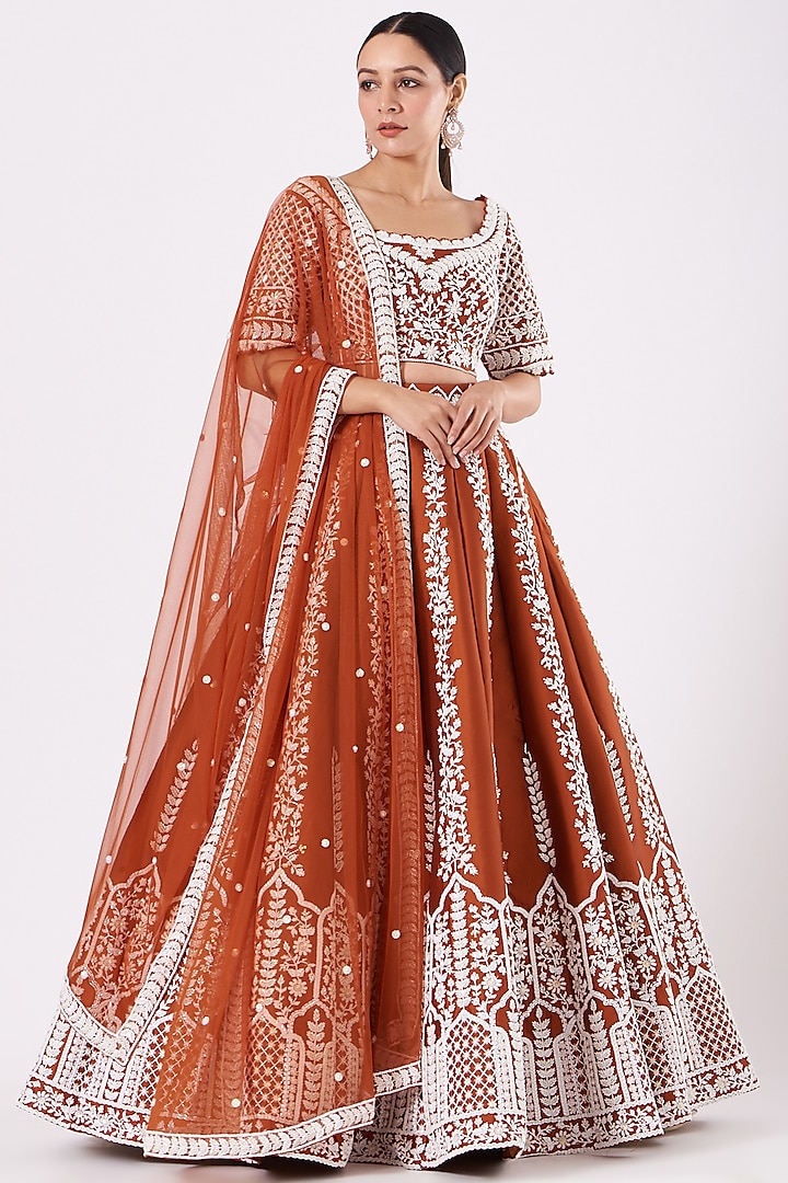 Rust-Red Embroidered Wedding Lehenga Set by Rianta's at Pernia's Pop Up Shop