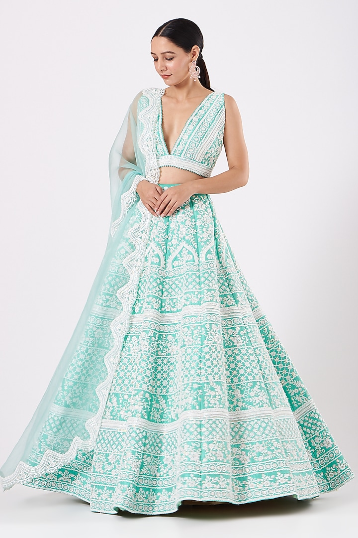 Turquoise Embroidered Bridal Lehenga Set by Rianta's at Pernia's Pop Up Shop
