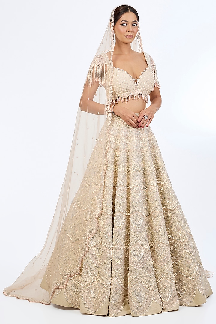 Ecru-Colored Pure Raw Silk Sequins Hand Embroidered Bridal lehenga for 22 Lehenga Set by Rianta's at Pernia's Pop Up Shop