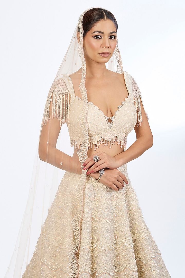 Ecru-Colored Pure Raw Silk Sequins Hand Embroidered Bridal Lehenga Set by Rianta's at Pernia's Pop Up Shop