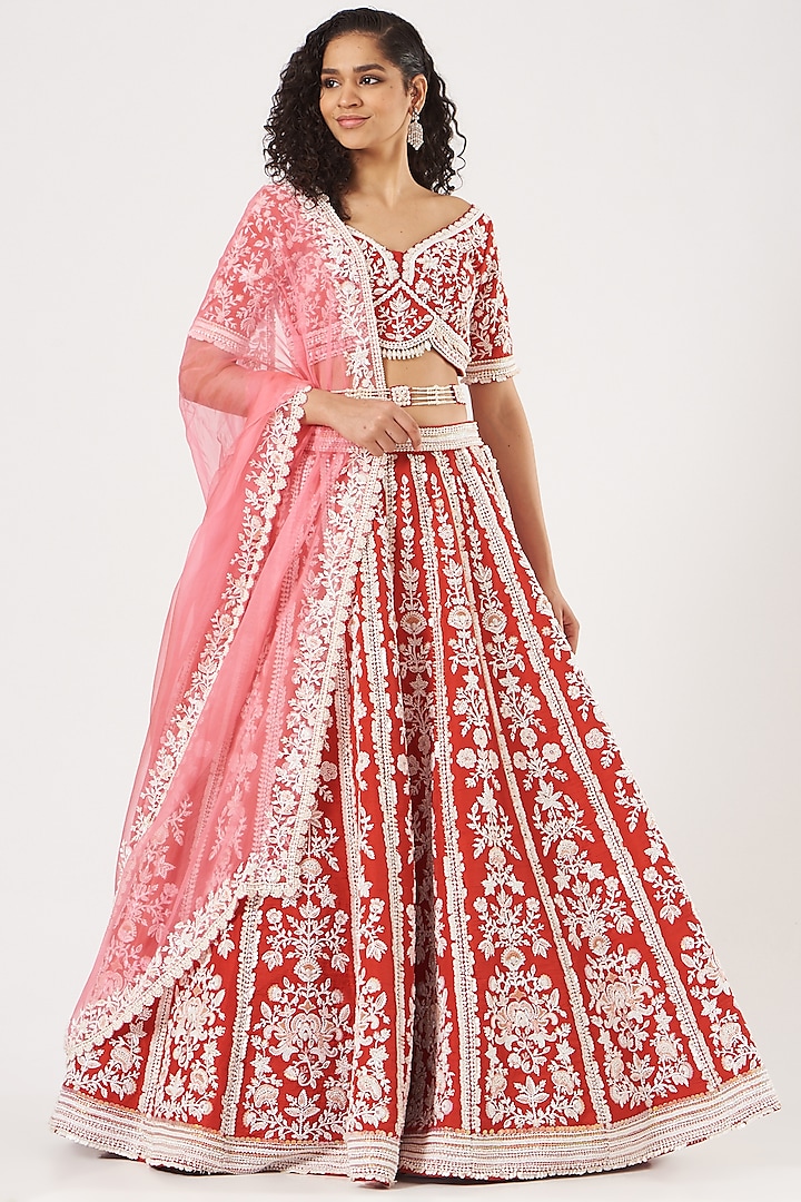 Scarlet Red Embroidered Bridal Lehenga Set by Rianta's