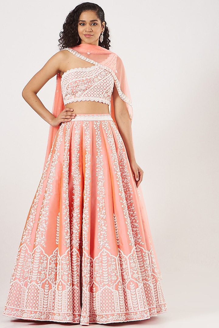 Coral Embroidered Lehenga Set by Rianta's