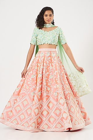 Coral Embroidered Kalidar Lehenga Set by Rianta's