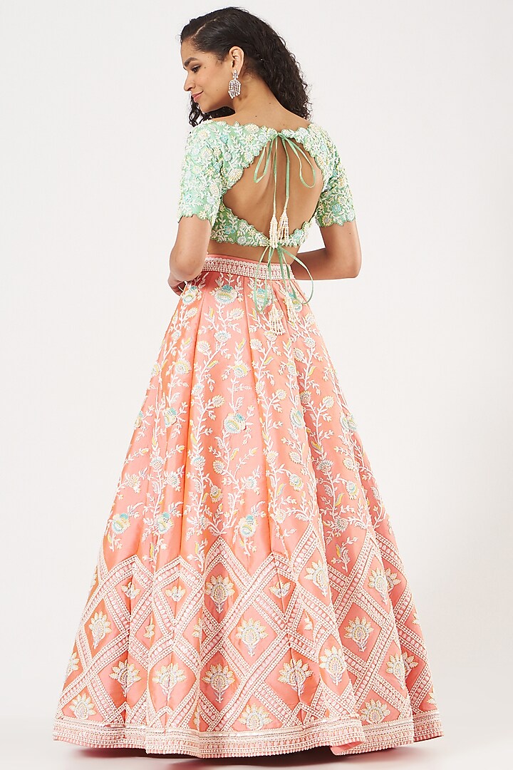 Coral Embroidered Kalidar Wedding Lehenga Set by Rianta's at Pernia's Pop Up Shop