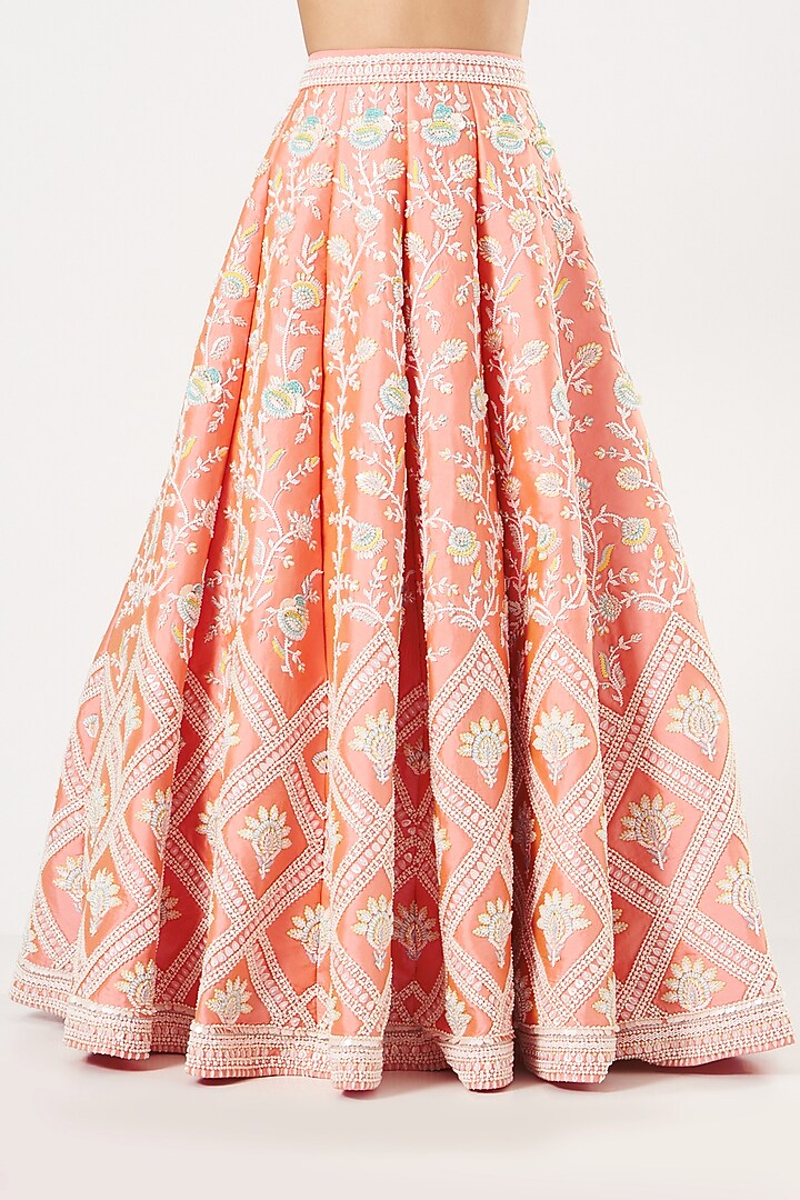 Coral Embroidered Kalidar Wedding Lehenga Set by Rianta's at Pernia's Pop Up Shop