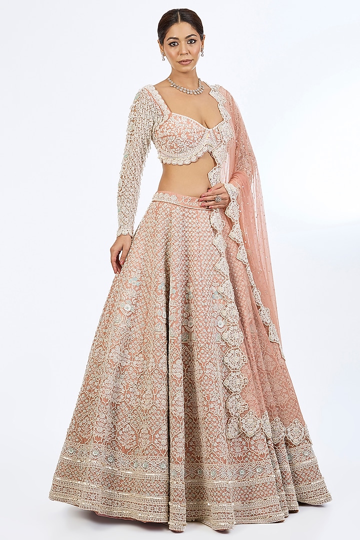 Rose-Colored Pure Raw Silk Sequins Hand Embroidered Bridal lehenga for 22 Lehenga Set by Rianta's at Pernia's Pop Up Shop
