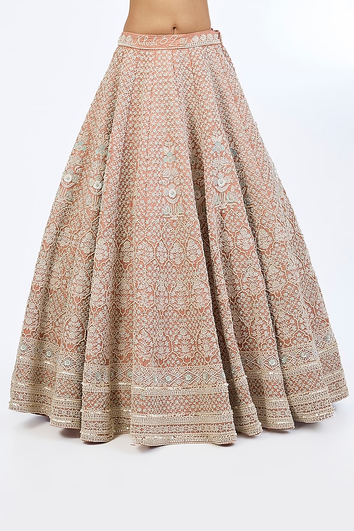 Rose-Colored Pure Raw Silk Sequins Hand Embroidered Bridal Lehenga Set by Rianta's at Pernia's Pop Up Shop
