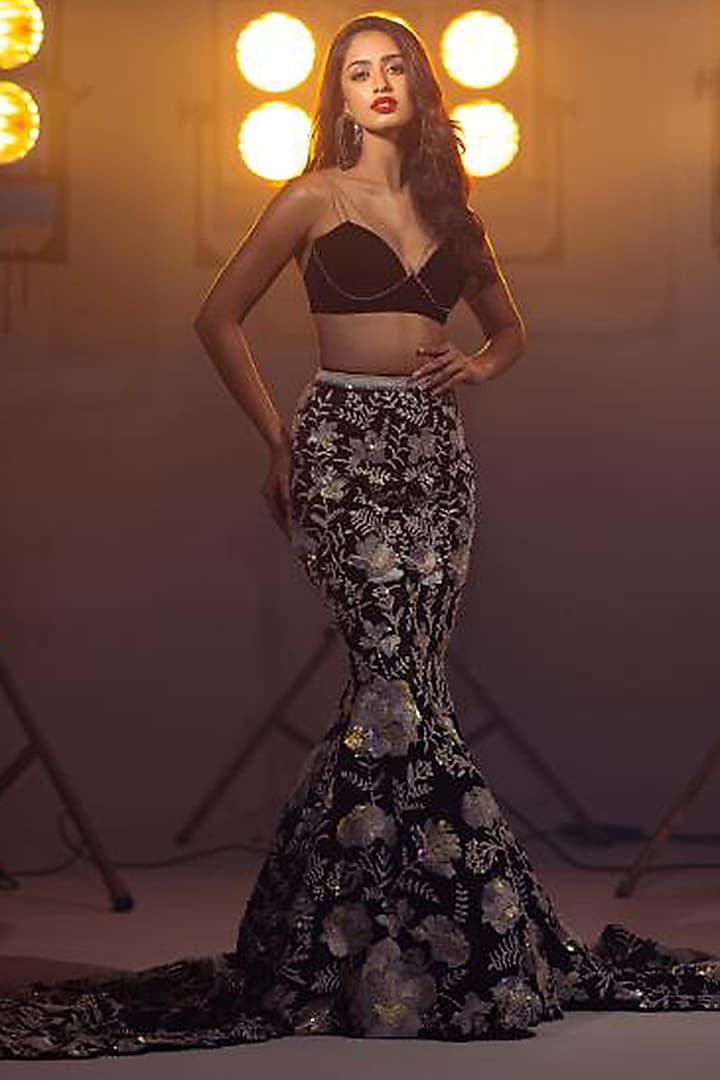 Black Metallic Organza Sequins Hand Embroidered Bridal lehenga for 22 Lehenga Set by Rianta's at Pernia's Pop Up Shop