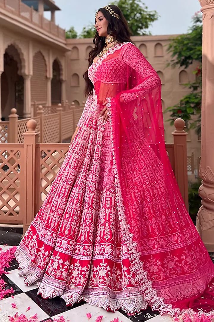 Hot Pink Raw Silk Hand Embroidered Bridal lehenga for 22 Lehenga Set by Rianta's at Pernia's Pop Up Shop