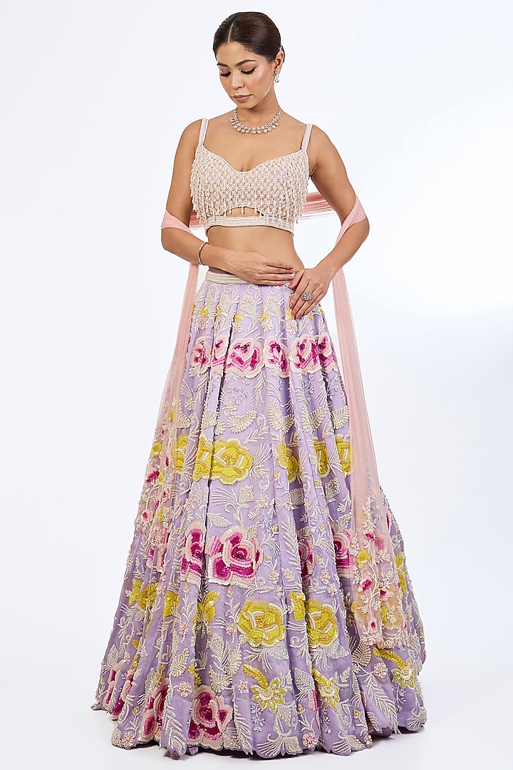 Lilac Metallic Georgette Sequins Embroidered Kalidar Bridal lehenga for 22 Lehenga Set by Rianta's at Pernia's Pop Up Shop