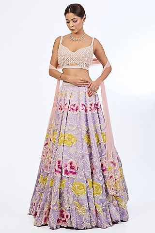Lilac Metallic Georgette Sequins Embroidered Kalidar Lehenga Set by Rianta's