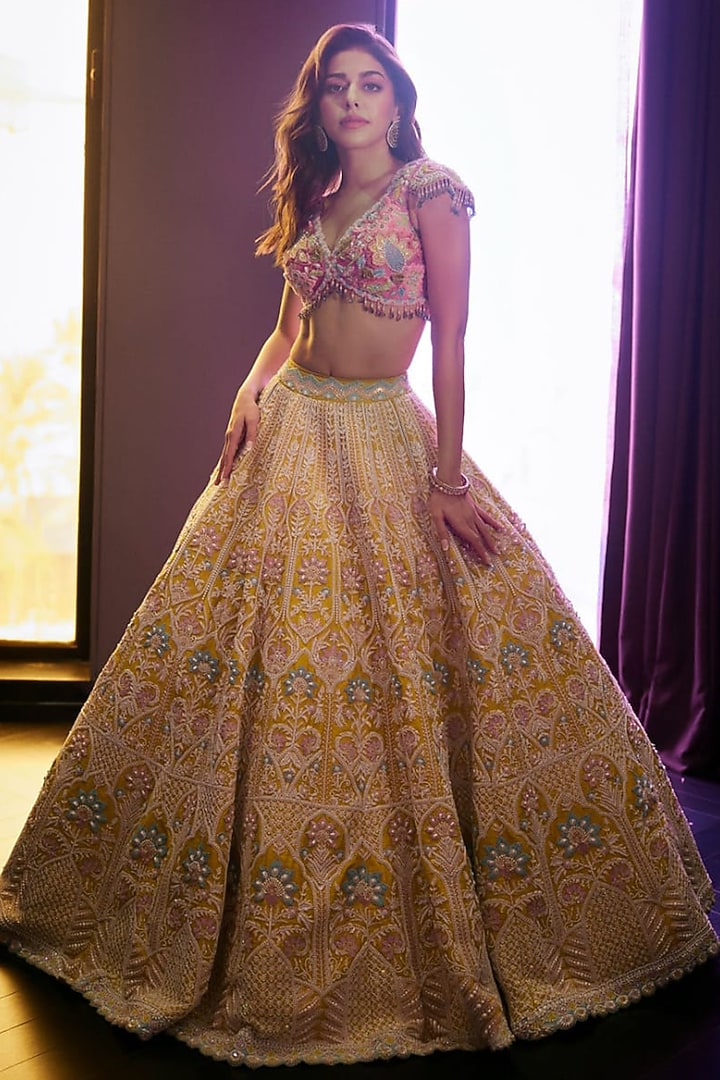 Mustard Raw Silk Floral Embroidered Bridal Lehenga Set by Rianta's at Pernia's Pop Up Shop